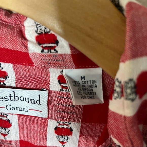 Vintage 90s Plaid Gingham Santa Long Sleeve Shirt Red White Westbound Size M - Picture 9 of 10